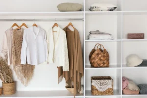 professionally designed closet with minimalist design with womens shawl and accessories